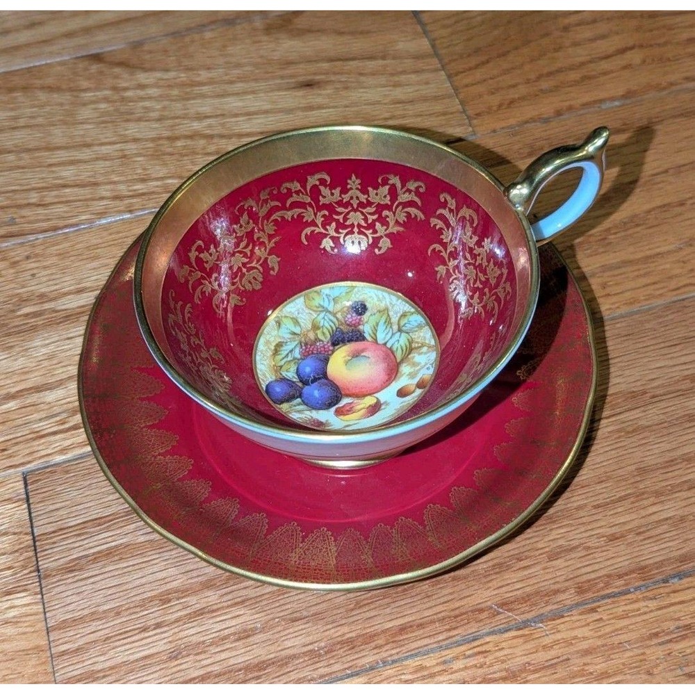 Vintage AYNSLEY English Bone China‎ Cup & Saucer Burgundy Red Orchard Fruit